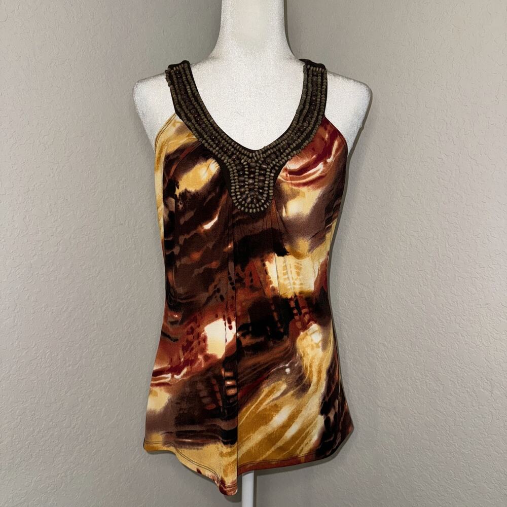Wrapper Blouse Top Women’s XL Brown Yellow Sleeveless‎ Beaded Neckline Boho Y2K